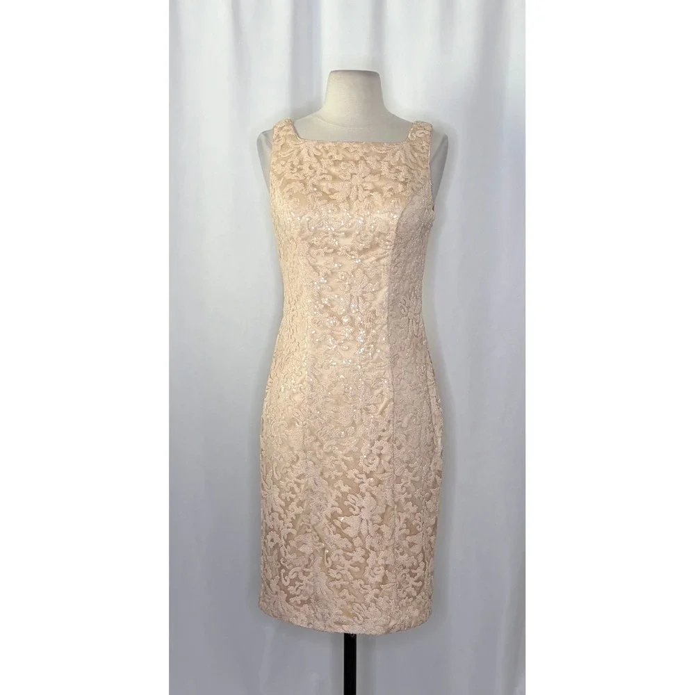 SUE WONG Nocturne Champagne Sequin Sleeveless Party Cocktail Sheath Dress Size 4 - Picture 3 of 15